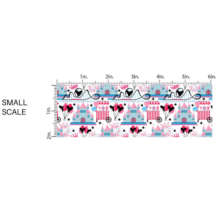 These magical princess themed fabric by the yard features princess castles, park rollercoaster, and fireworks. This fun pattern fabric can be used for all your sewing and crafting needs!