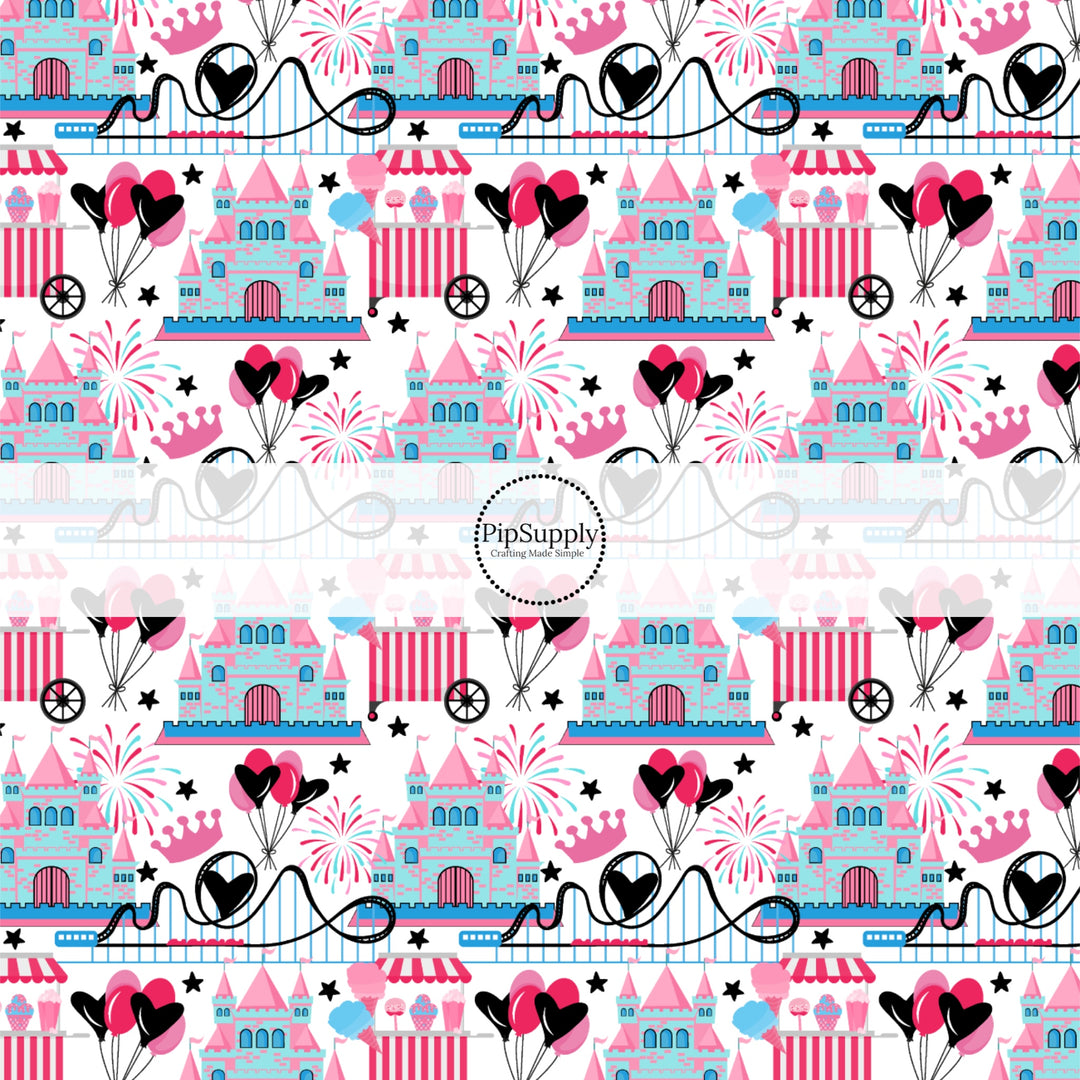 These magical princess themed fabric by the yard features princess castles, park rollercoaster, and fireworks. This fun pattern fabric can be used for all your sewing and crafting needs!