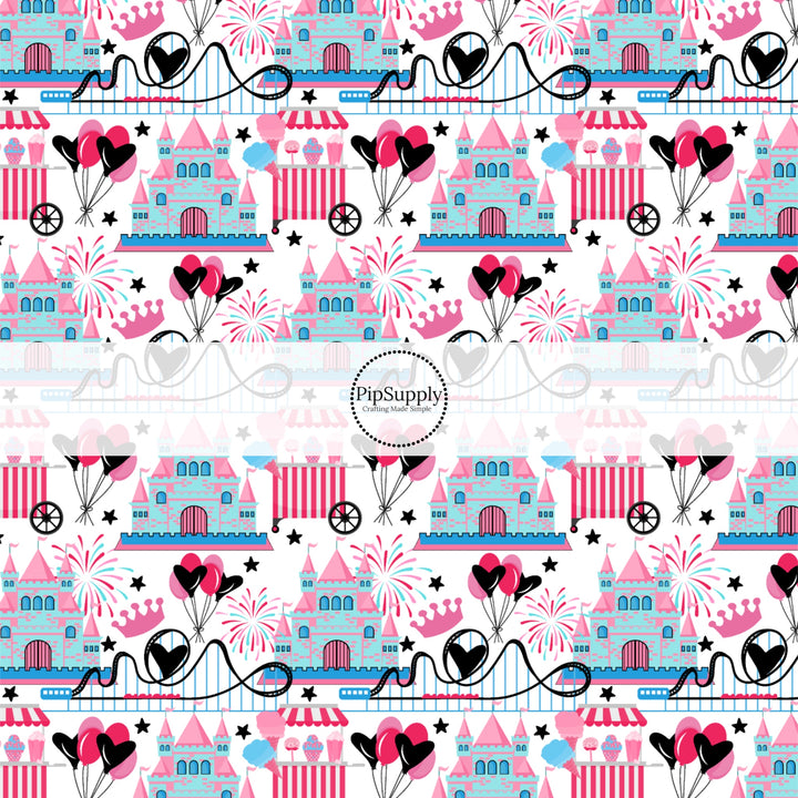 These magical princess themed fabric by the yard features princess castles, park rollercoaster, and fireworks. This fun pattern fabric can be used for all your sewing and crafting needs!