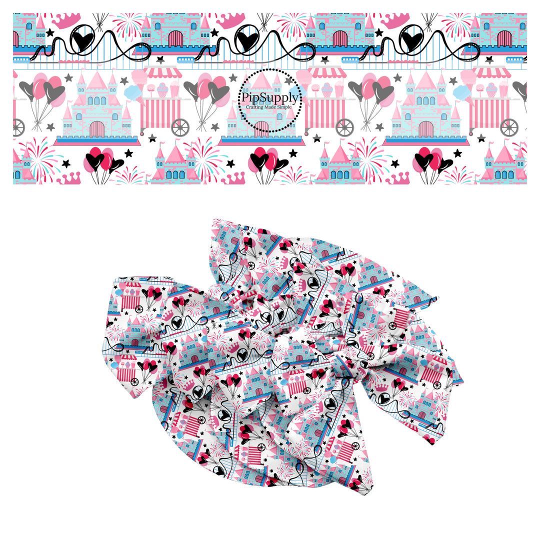 These magical themed no sew bow strips can be easily tied and attached to a clip for a finished hair bow. These bow strips are great for personal use or to sell. These bow strips feature the following design elements: princess castles, park rollercoaster, and fireworks.