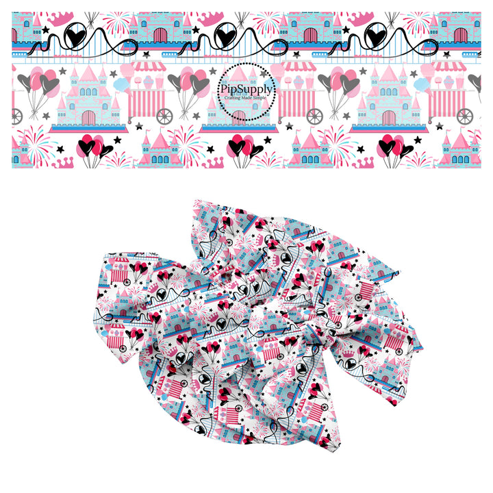 These magical themed no sew bow strips can be easily tied and attached to a clip for a finished hair bow. These bow strips are great for personal use or to sell. These bow strips feature the following design elements: princess castles, park rollercoaster, and fireworks.