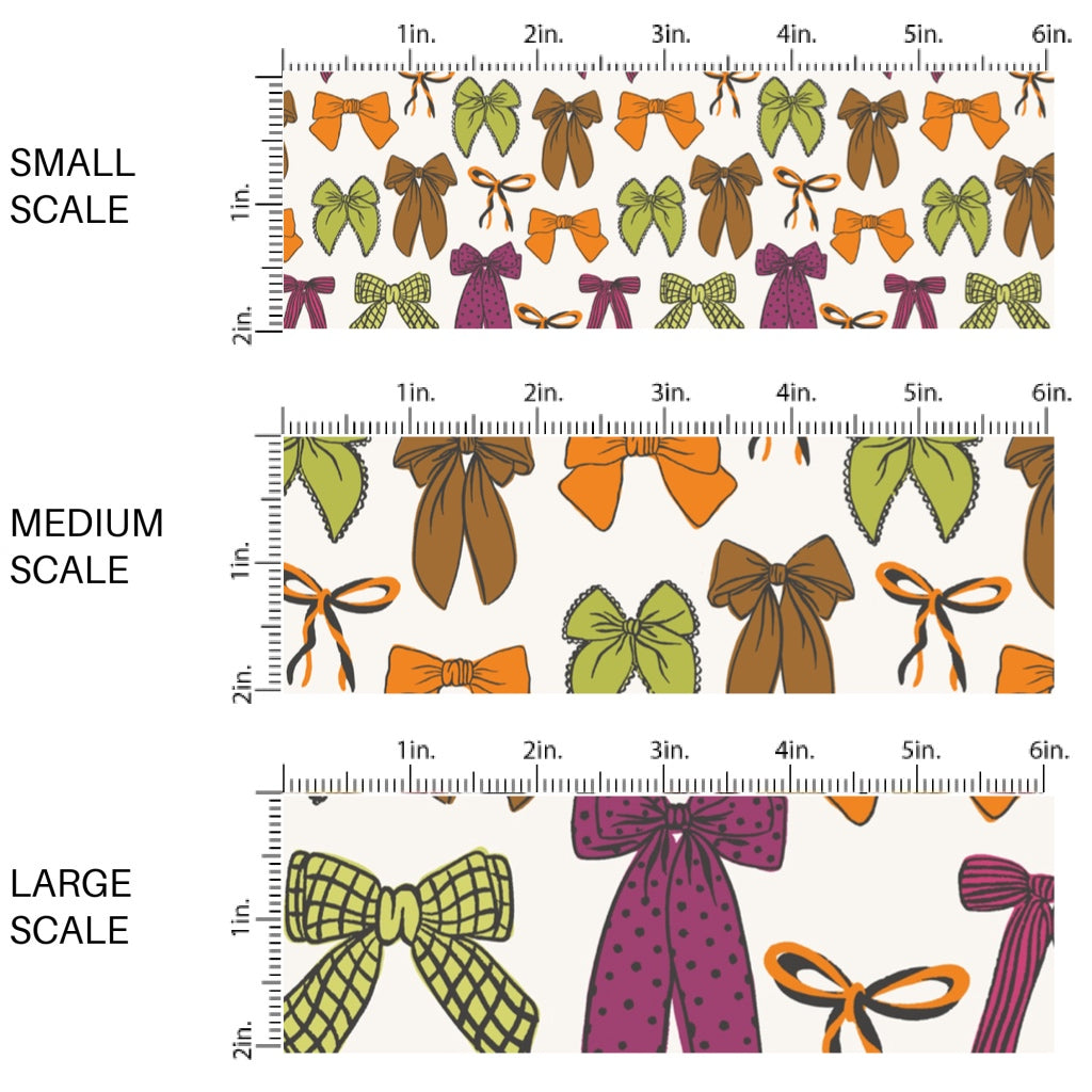 This scale chart of these fall themed pattern fabric by the yard features the following design elements: colorful pattern bows on white. This fun themed fabric can be used for all your sewing and crafting needs!