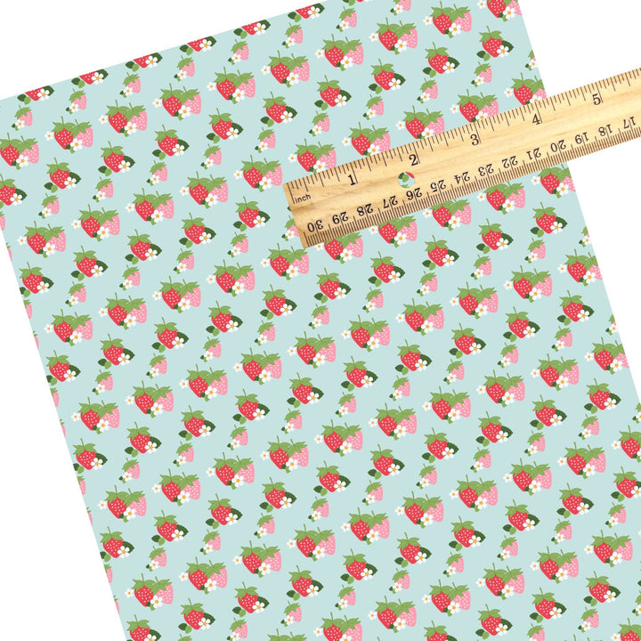 Aqua Strawberry Flowers Faux Leather Sheets