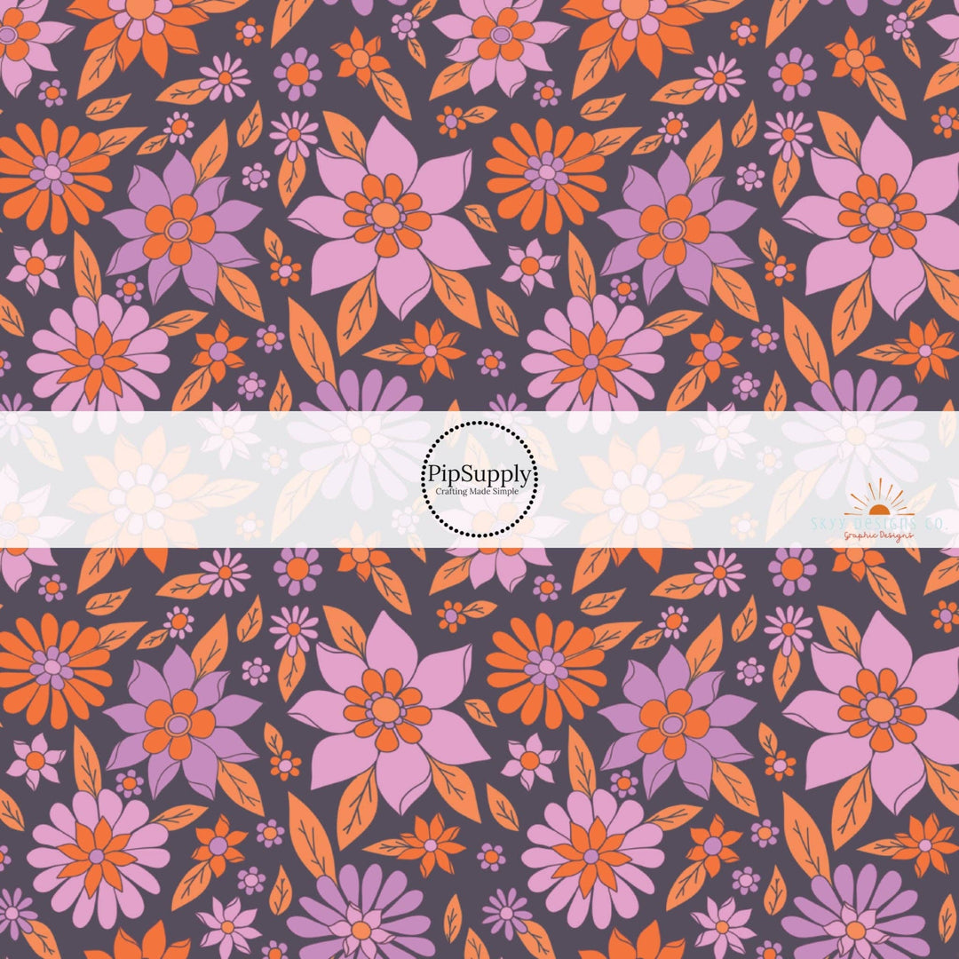 Violet Orange Floral Hair Bow Strips