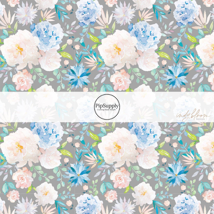Blue Multi Blossoms On Gray Fabric By The Yard