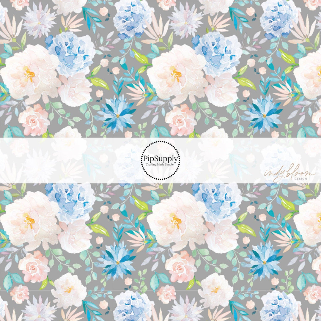 Blue Multi Blossoms On Gray Hair Bow Strips