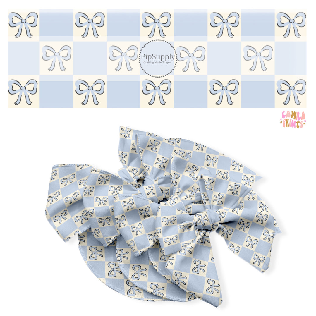 These spring no sew bow strips can be easily tied and attached to a clip for a finished hair bow. These fun bow strips are great for personal use or to sell. These bow strips feature the following design elements: blue bows on blue and cream checkers.
