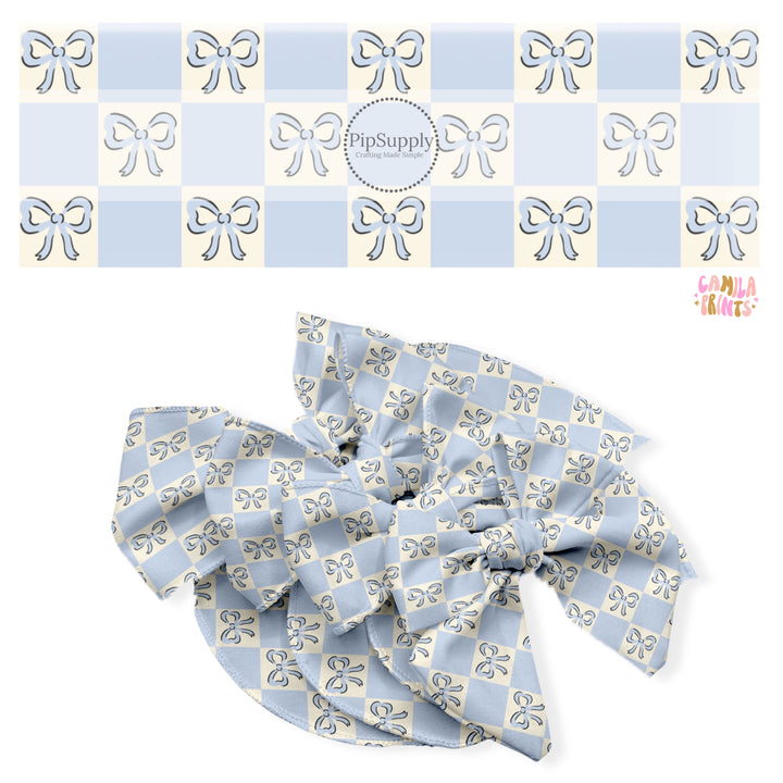 These spring no sew bow strips can be easily tied and attached to a clip for a finished hair bow. These fun bow strips are great for personal use or to sell. These bow strips feature the following design elements: blue bows on blue and cream checkers.