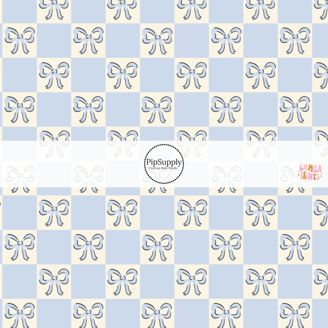 These spring no sew bow strips can be easily tied and attached to a clip for a finished hair bow. These fun bow strips are great for personal use or to sell. These bow strips feature the following design elements: blue bows on blue and cream checkers.