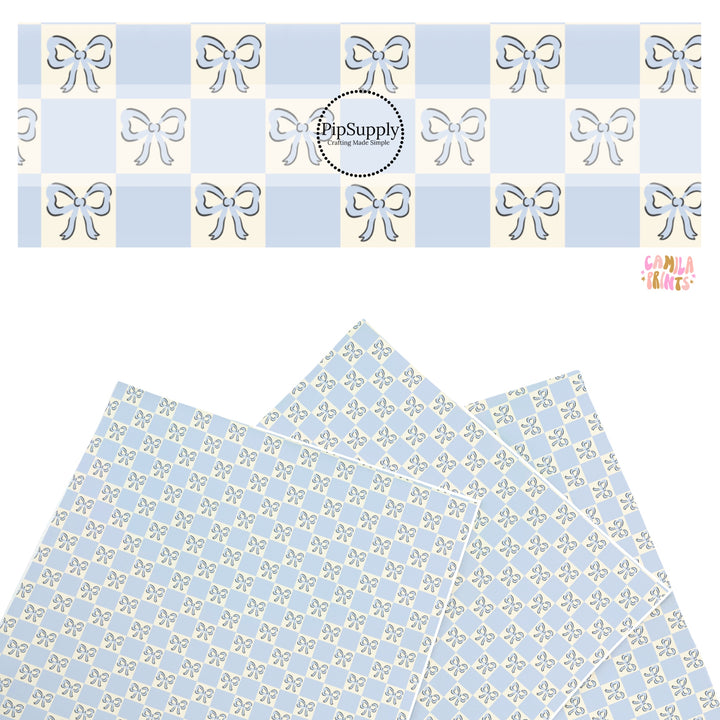 These spring themed faux leather sheets contain the following design elements: blue bows on blue and cream checkers. Our CPSIA compliant faux leather sheets or rolls can be used for all types of crafting projects.