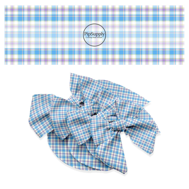 These spring themed no sew bow strips can be easily tied and attached to a clip for a finished hair bow. These festive bow strips are great for personal use or to sell. These bow strips feature the following design elements: blue spring tartan pattern.