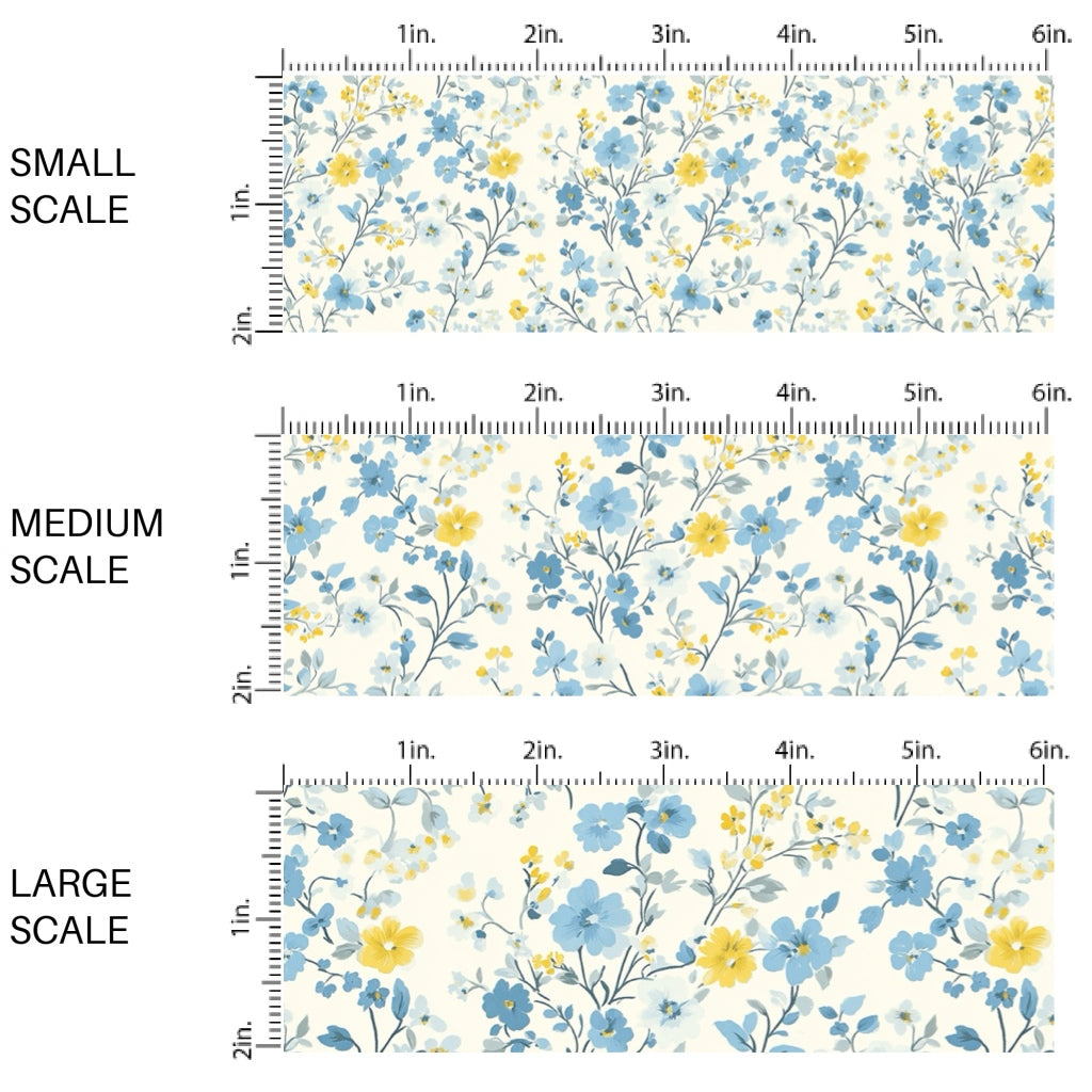 These floral fabric by the yard features tiny blue and yellow flowers and leaves. This fun pattern fabric can be used for all your sewing and crafting needs!