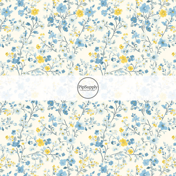 These floral fabric by the yard features tiny blue and yellow flowers and leaves. This fun pattern fabric can be used for all your sewing and crafting needs!