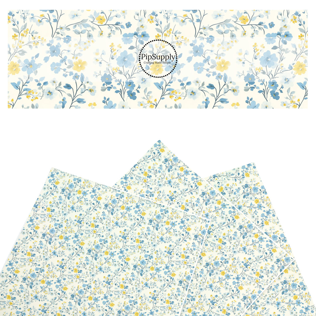 These floral themed faux leather sheets contain the following design elements: tiny blue and yellow flowers and leaves. Our CPSIA compliant faux leather sheets or rolls can be used for all types of crafting projects.