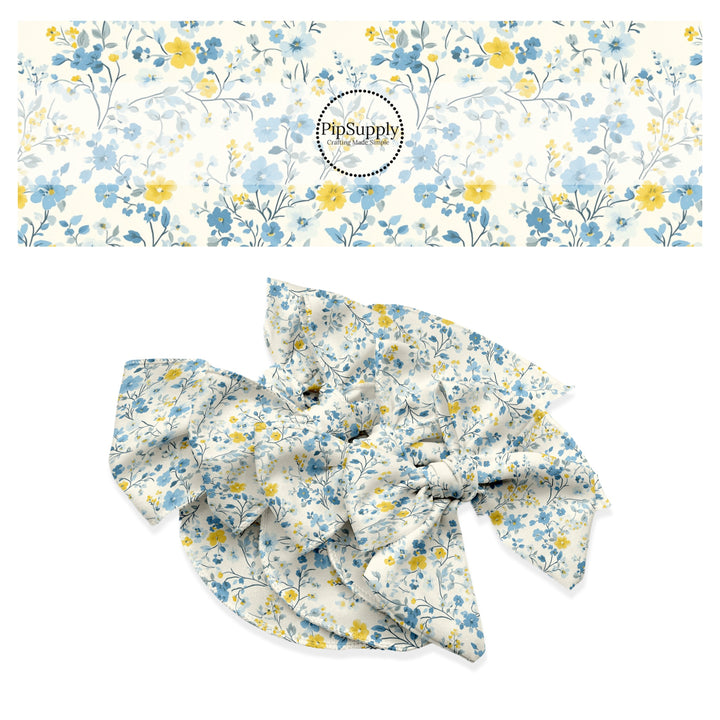 These floral themed no sew bow strips can be easily tied and attached to a clip for a finished hair bow. These festive bow strips are great for personal use or to sell. These bow strips feature the following design elements: tiny blue and yellow flowers and leaves.