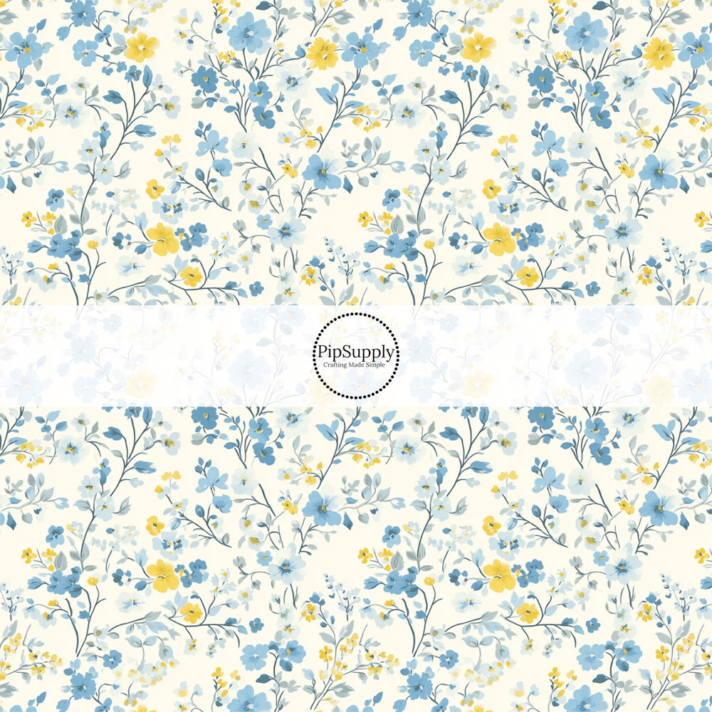 These floral themed no sew bow strips can be easily tied and attached to a clip for a finished hair bow. These festive bow strips are great for personal use or to sell. These bow strips feature the following design elements: tiny blue and yellow flowers and leaves.