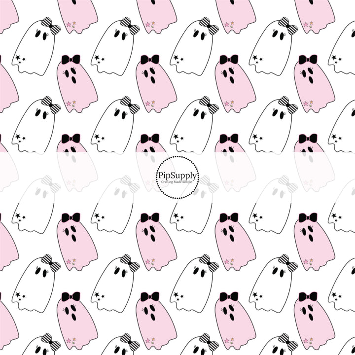 These Halloween themed pattern fabric by the yard features the following design elements: pink and white ghost. This fun spooky themed fabric can be used for all your sewing and crafting needs!