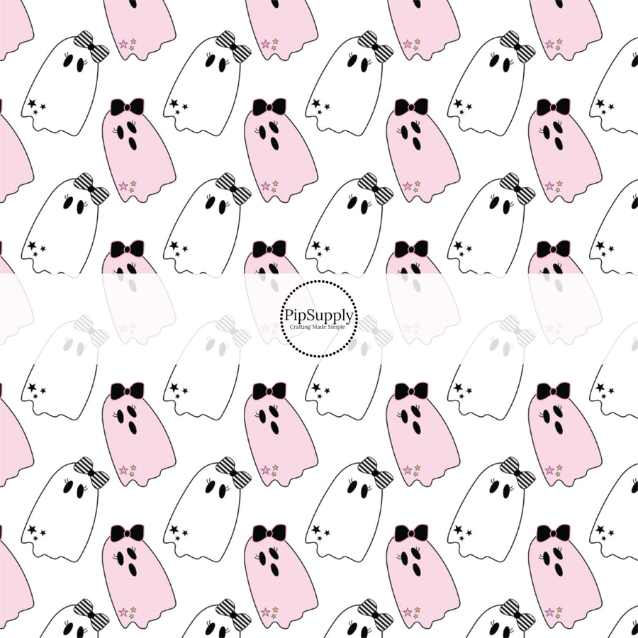 These Halloween themed pattern fabric by the yard features the following design elements: pink and white ghost. This fun spooky themed fabric can be used for all your sewing and crafting needs!