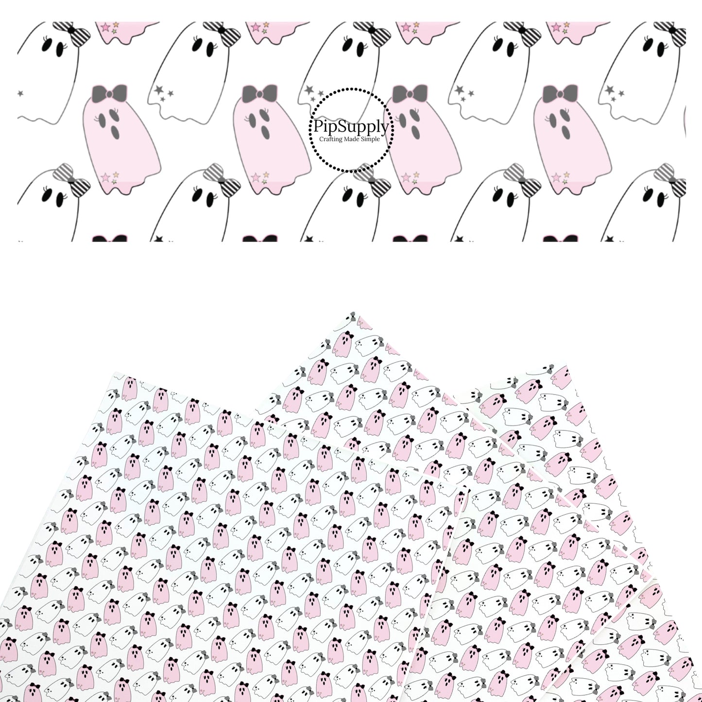 These Halloween themed pattern faux leather sheets contain the following design elements: pink and white ghost. Our CPSIA compliant faux leather sheets or rolls can be used for all types of crafting projects.