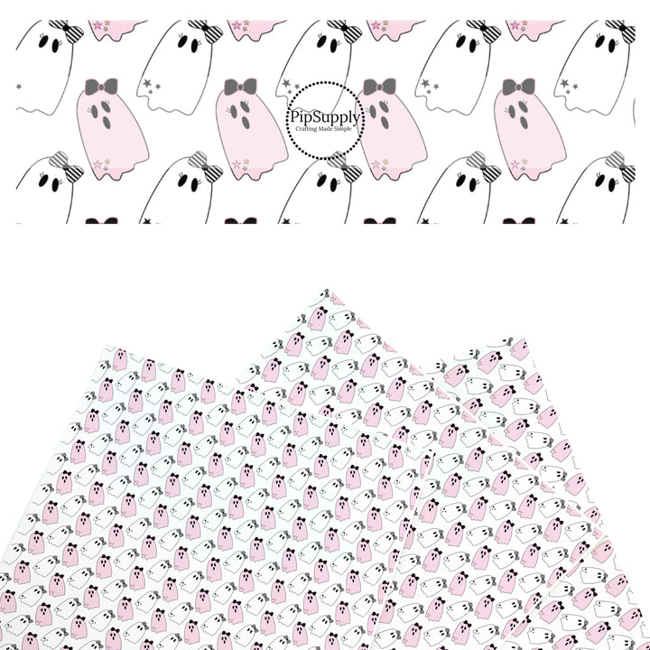 These Halloween themed pattern faux leather sheets contain the following design elements: pink and white ghost. Our CPSIA compliant faux leather sheets or rolls can be used for all types of crafting projects.