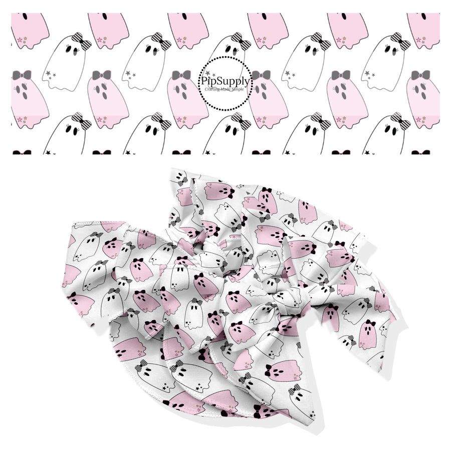 These Halloween themed no sew bow strips can be easily tied and attached to a clip for a finished hair bow. These fun spooky patterned bow strips are great for personal use or to sell. These bow strips feature the following design elements: pink and white ghost.