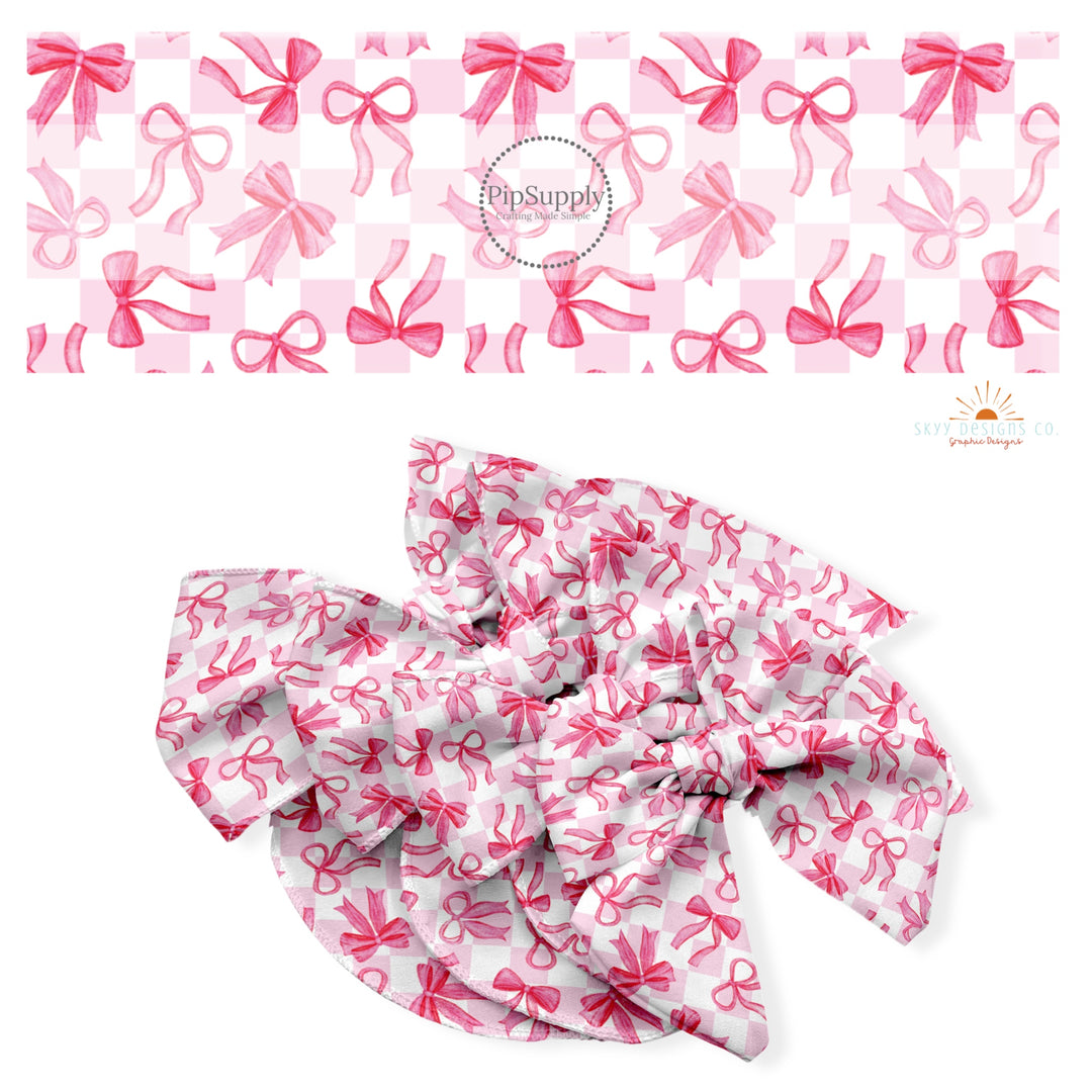 These holiday no sew bow strips can be easily tied and attached to a clip for a finished hair bow. These festive bow strips are great for personal use or to sell. These bow strips feature the following design elements: pink bows on checker pattern.