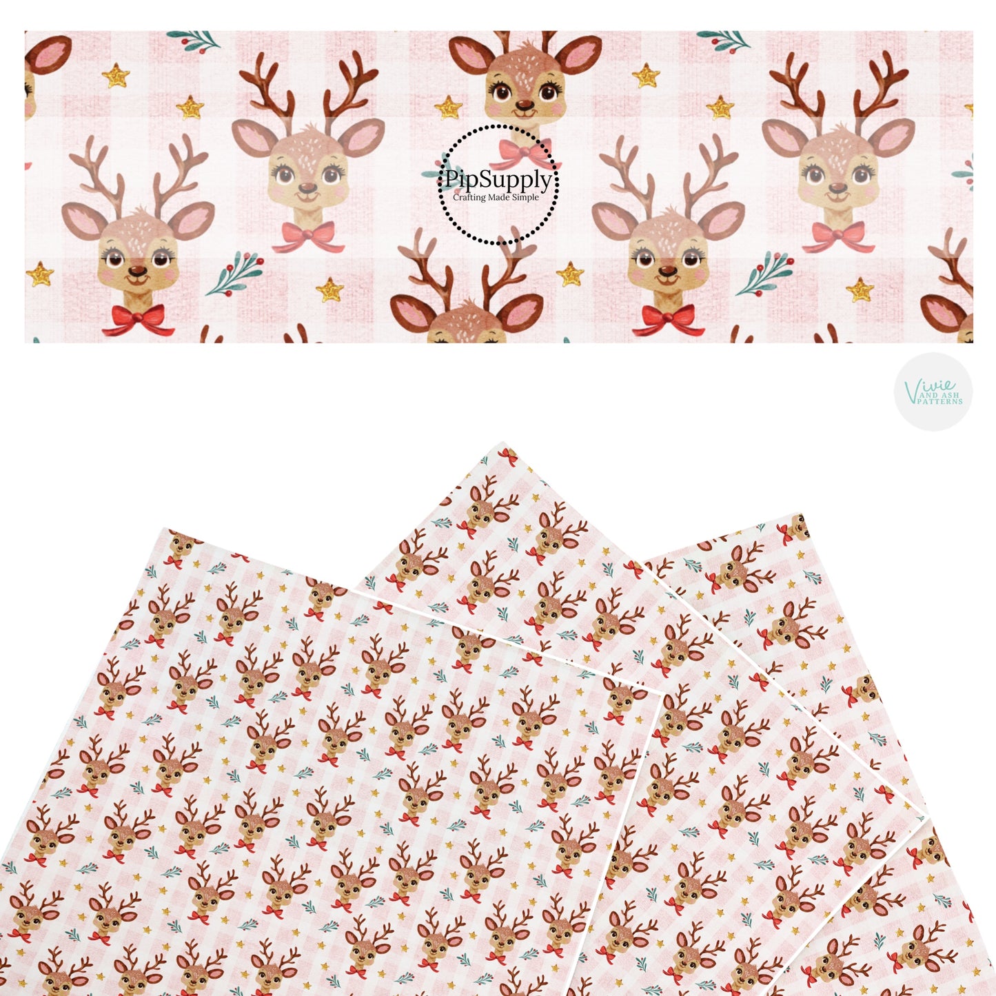 These Christmas themed pattern faux leather sheets contain the following design elements: reindeer on pink. Our CPSIA compliant faux leather sheets or rolls can be used for all types of crafting projects.