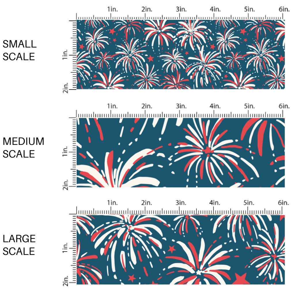 This scale chart of small scale, medium scale, and large scale of this 4th of July fabric by the yard features patriotic red and white fireworks on blue. This fun patriotic themed fabric can be used for all your sewing and crafting needs!