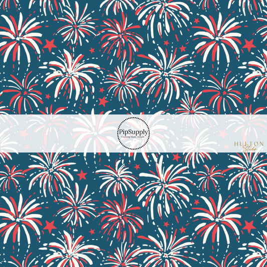 This 4th of July fabric by the yard features patriotic red and white fireworks on blue. This fun patriotic themed fabric can be used for all your sewing and crafting needs!