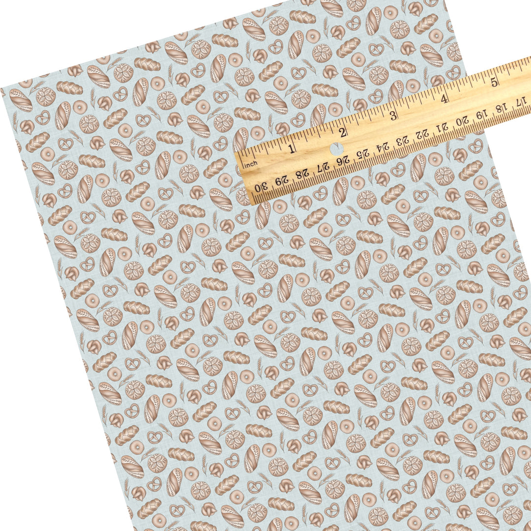 These Easter themed faux leather sheets contain the following design elements: baked bread and bagels on blue. Our CPSIA compliant faux leather sheets or rolls can be used for all types of crafting projects.