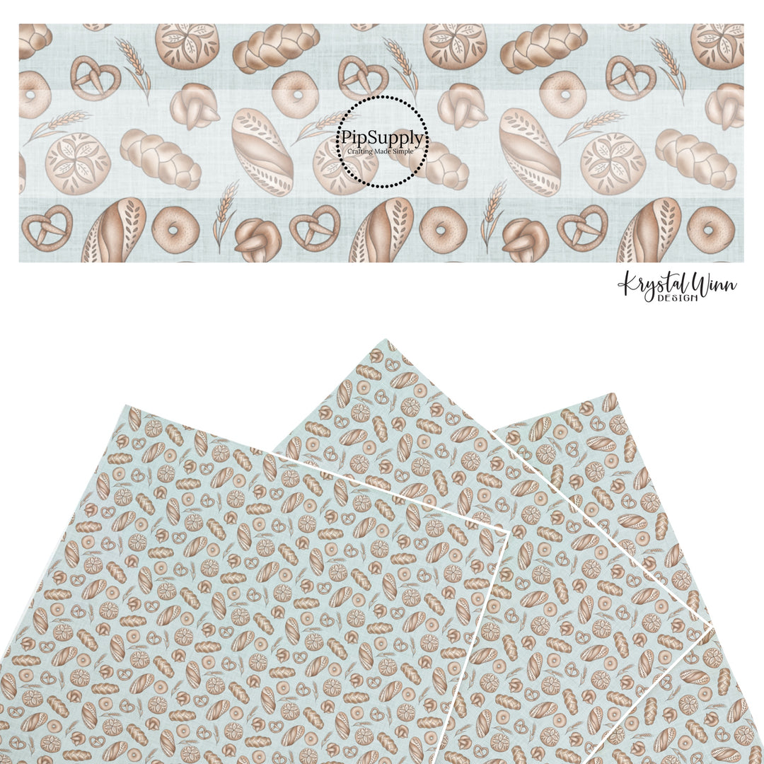 These Easter themed faux leather sheets contain the following design elements: baked bread and bagels on blue. Our CPSIA compliant faux leather sheets or rolls can be used for all types of crafting projects.