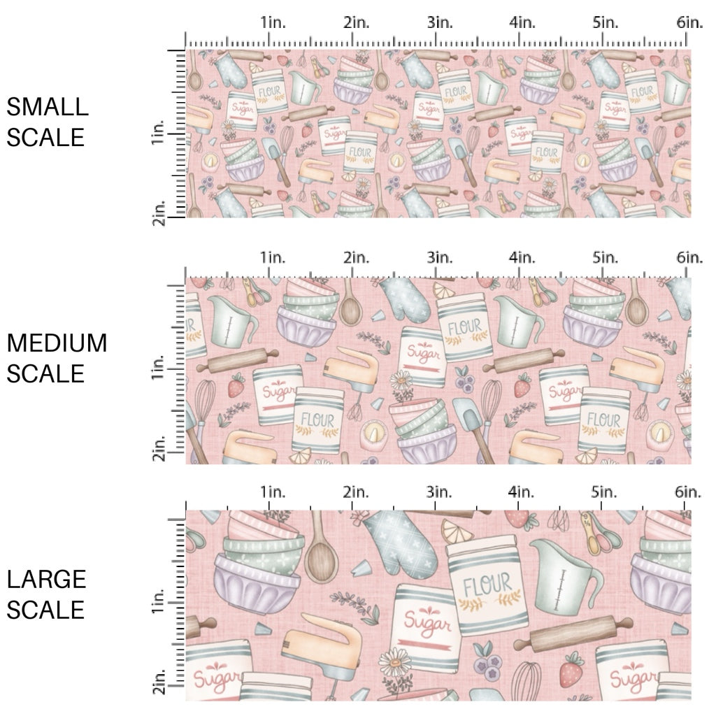 This fun fabric by the yard features kitchen baking supplies. This fun pattern fabric can be used for all your sewing and crafting needs!