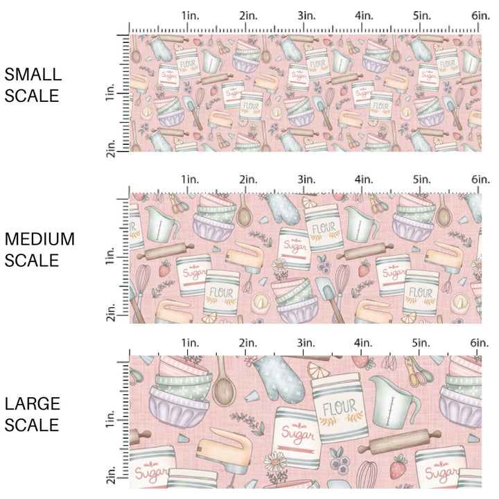 This fun fabric by the yard features kitchen baking supplies. This fun pattern fabric can be used for all your sewing and crafting needs!
