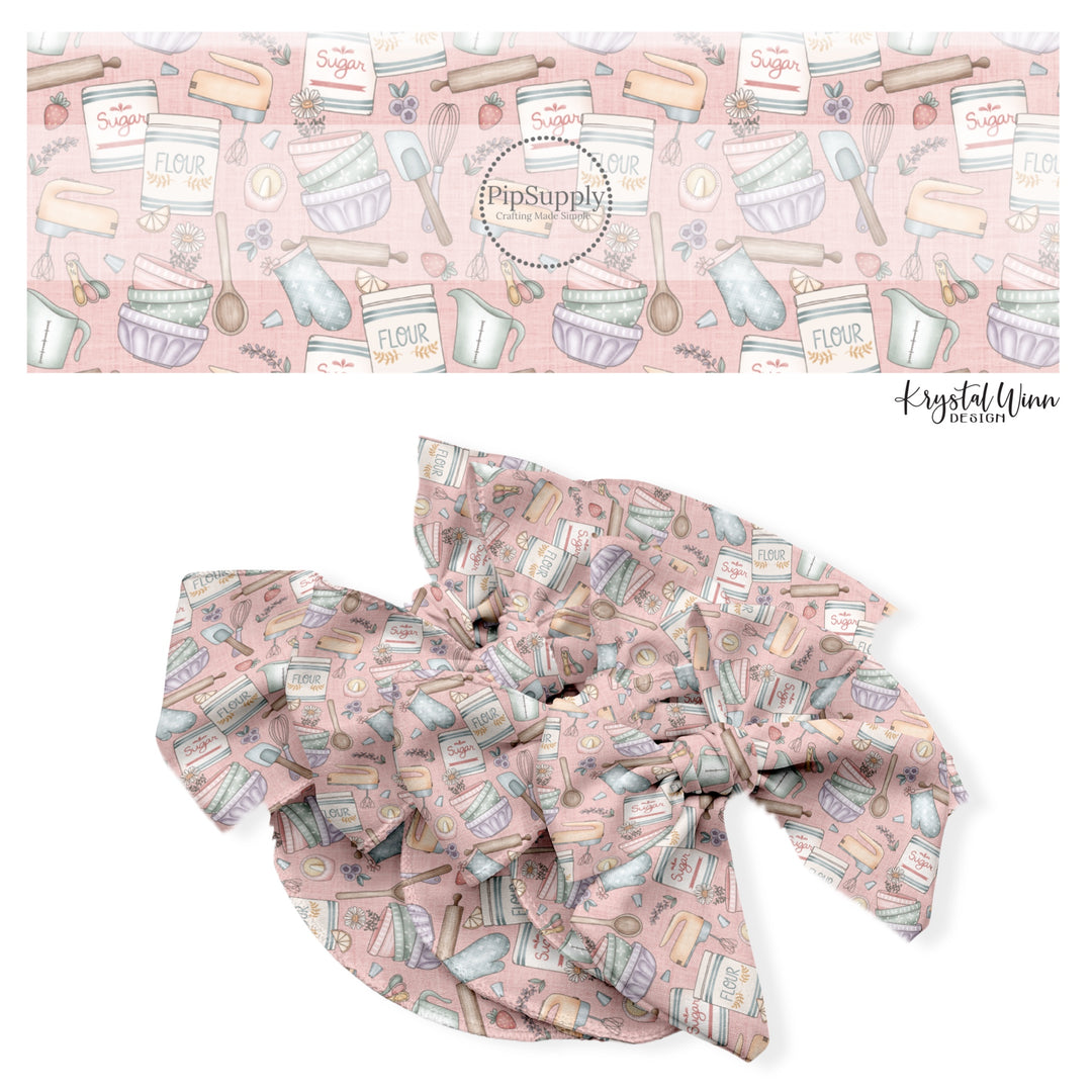 These fun no sew bow strips can be easily tied and attached to a clip for a finished hair bow. These fun bow strips are great for personal use or to sell. These bow strips feature the following design elements: kitchen baking supplies.