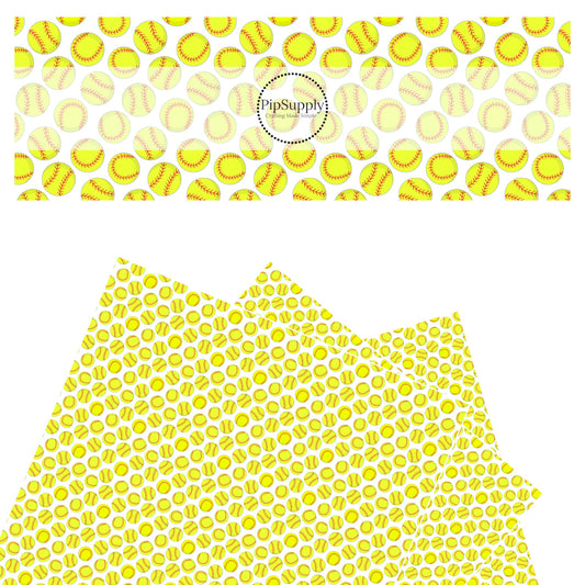 Yellow with red stitching softballs on white faux leather sheets
