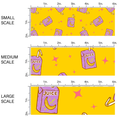 This scale chart of small scale, medium scale, and large scale of these school themed fabric by the yard features juice boxes on yellow. This fun themed fabric can be used for all your sewing and crafting needs!