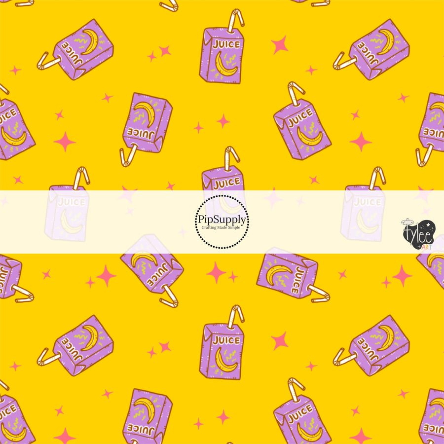 These school themed fabric by the yard features juice boxes on yellow. This fun themed fabric can be used for all your sewing and crafting needs!