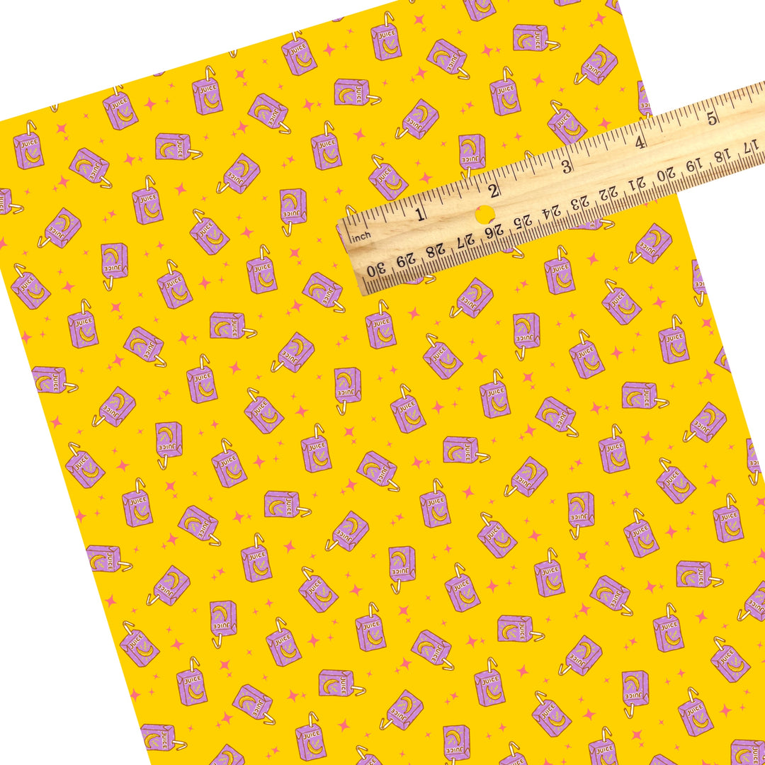 These school themed faux leather sheets contain the following design elements: juice boxes on yellow. Our CPSIA compliant faux leather sheets or rolls can be used for all types of crafting projects.