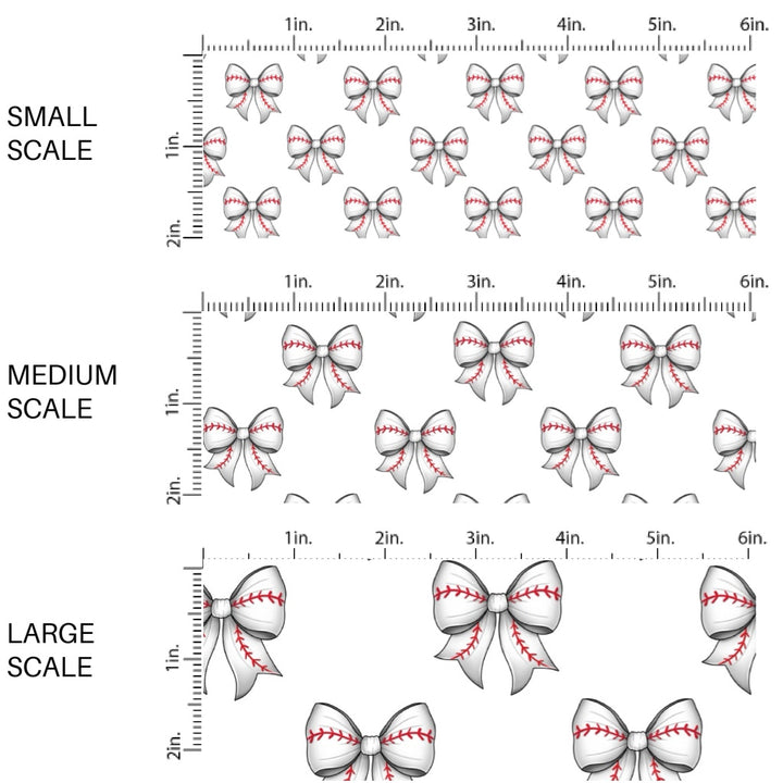 These sports themed fabric by the yard features white baseball bows. This fun pattern fabric can be used for all your sewing and crafting needs!