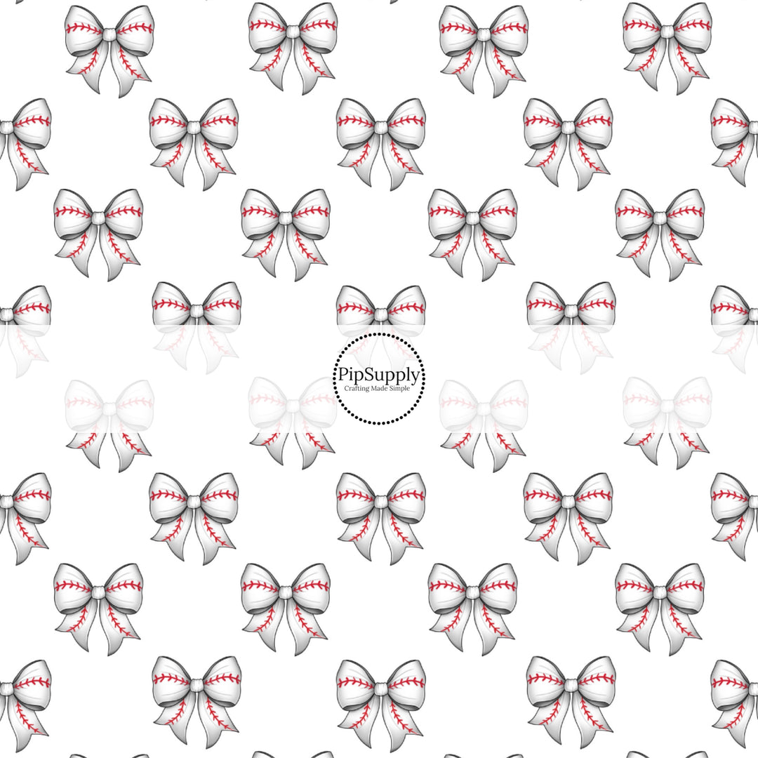 These sports themed fabric by the yard features white baseball bows. This fun pattern fabric can be used for all your sewing and crafting needs!