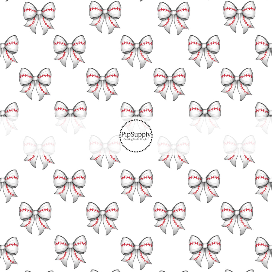 These sports themed fabric by the yard features white baseball bows. This fun pattern fabric can be used for all your sewing and crafting needs!