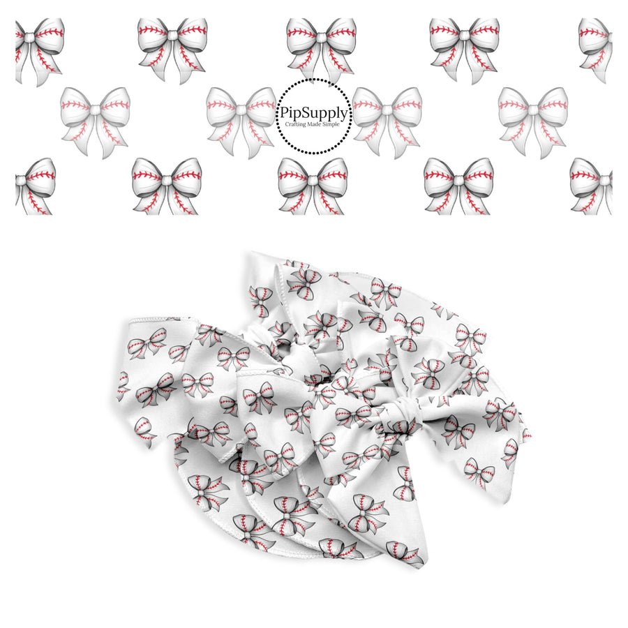 These sports themed pattern no sew bow strips can be easily tied and attached to a clip for a finished hair bow. These festive bow strips are great for personal use or to sell. These bow strips feature the following design elements: cream baseball bows.