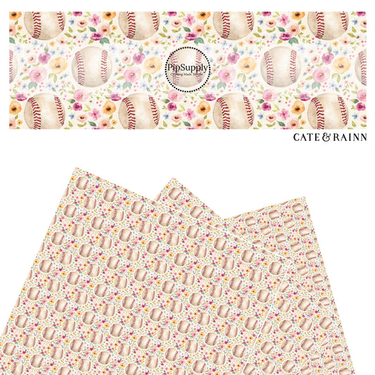 These spring floral sport pattern themed faux leather sheets contain the following design elements: baseballs surrounded by flowers on cream. Our CPSIA compliant faux leather sheets or rolls can be used for all types of crafting projects.