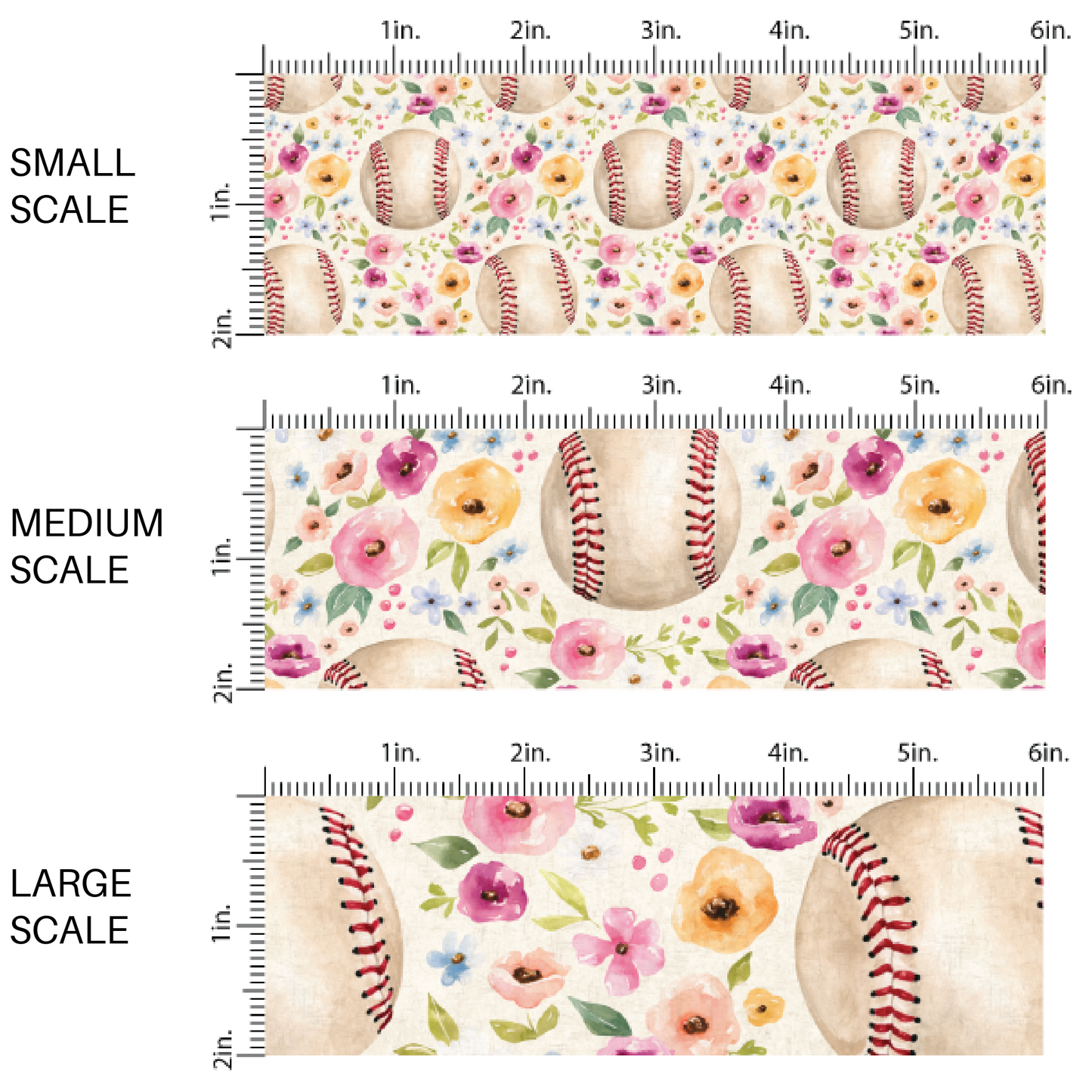 Pastel Florals and Baseballs on Cream Fabric by the Yard scaled image guide.