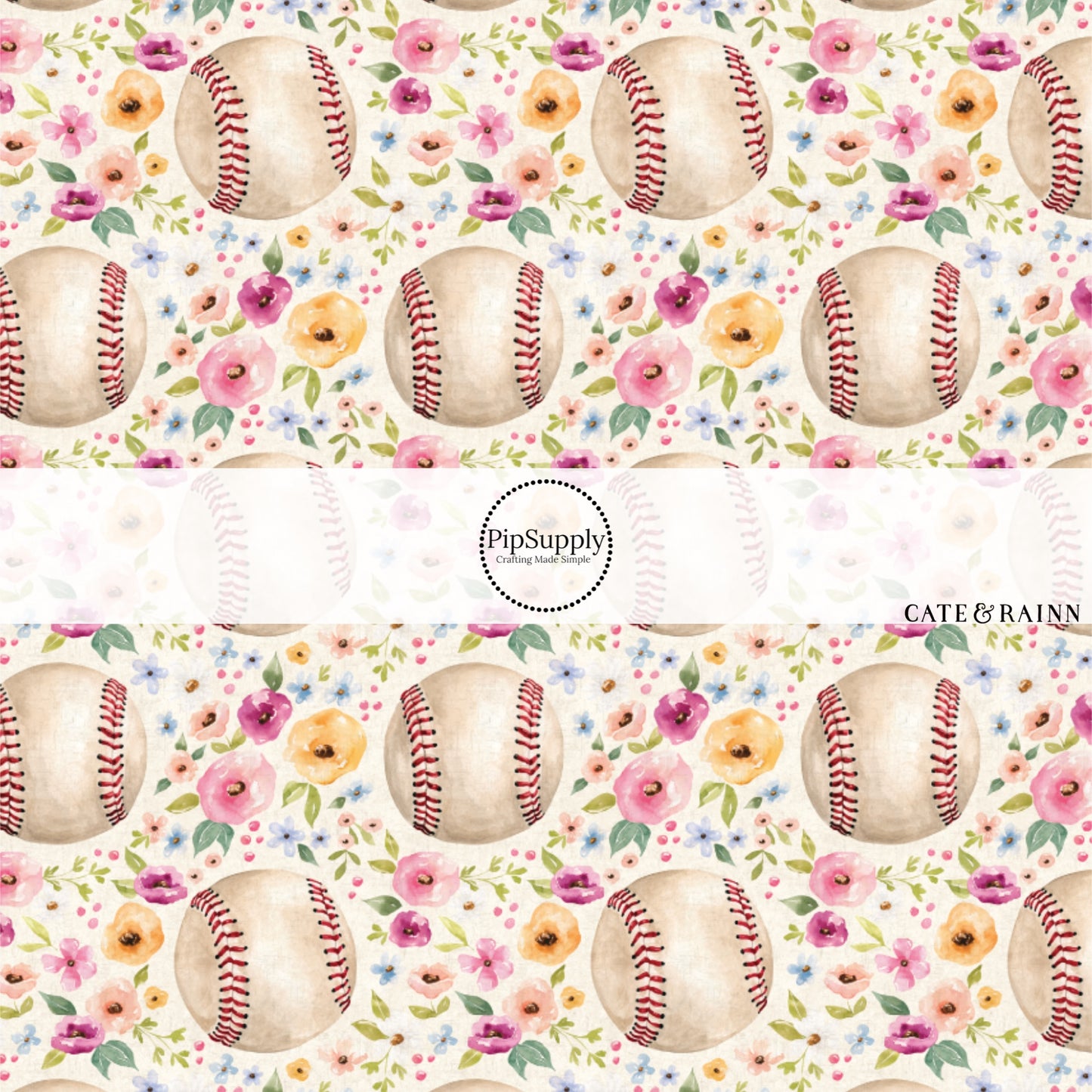 Pastel Florals and Baseballs on Cream Fabric by the Yard.