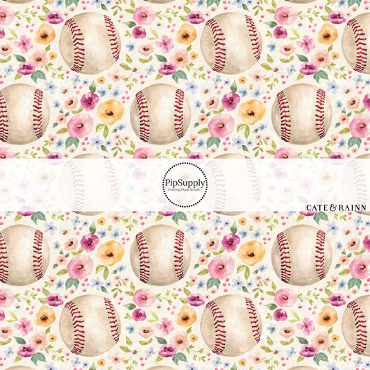 Pastel Florals and Baseballs on Cream Fabric by the Yard.
