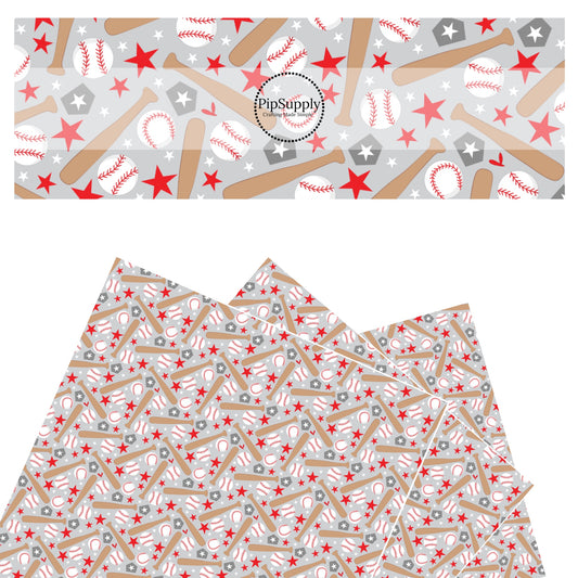 White and red stars with baseballs and bats on gray faux leather sheets