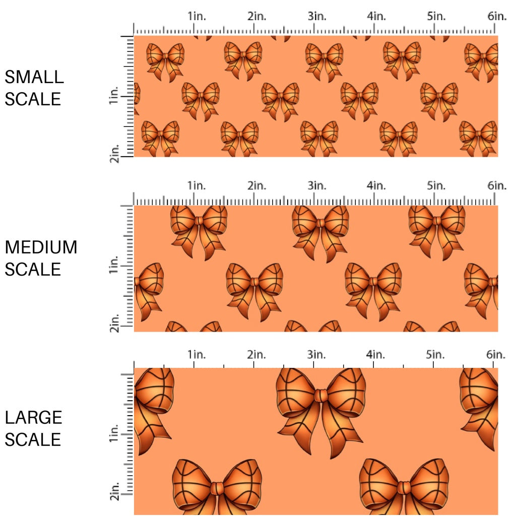 These sports themed fabric by the yard features orange basketball bows. This fun pattern fabric can be used for all your sewing and crafting needs!
