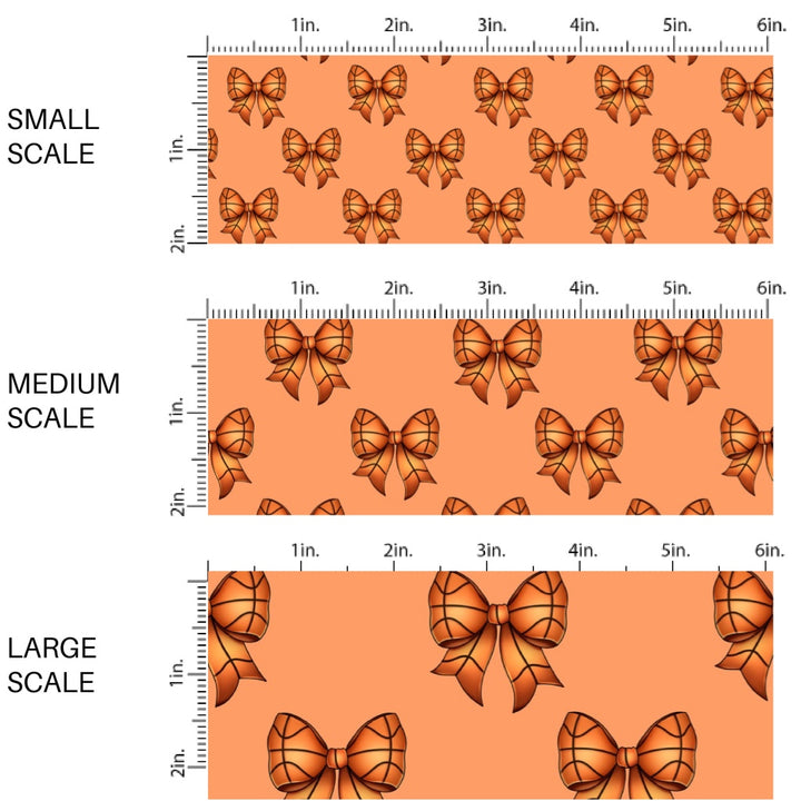 These sports themed fabric by the yard features orange basketball bows. This fun pattern fabric can be used for all your sewing and crafting needs!