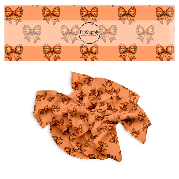 These sports themed pattern no sew bow strips can be easily tied and attached to a clip for a finished hair bow. These festive bow strips are great for personal use or to sell. These bow strips feature the following design elements: orange basketball bows.